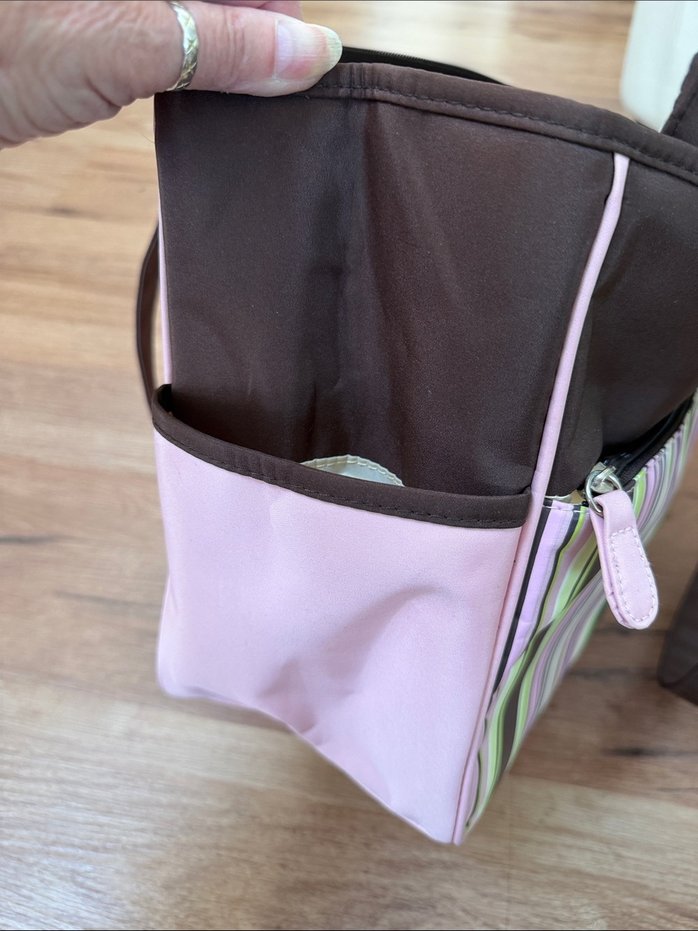 Gerber Pink, Brown and Green Striped Diaper Tote, EUC - Picture 5 of 5